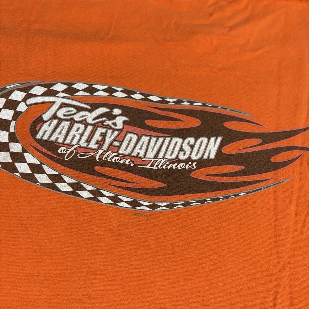 Vintage 90s Y2K Harley Davidson T Shirt L Made In USA Orange Flame R.K. Stratman